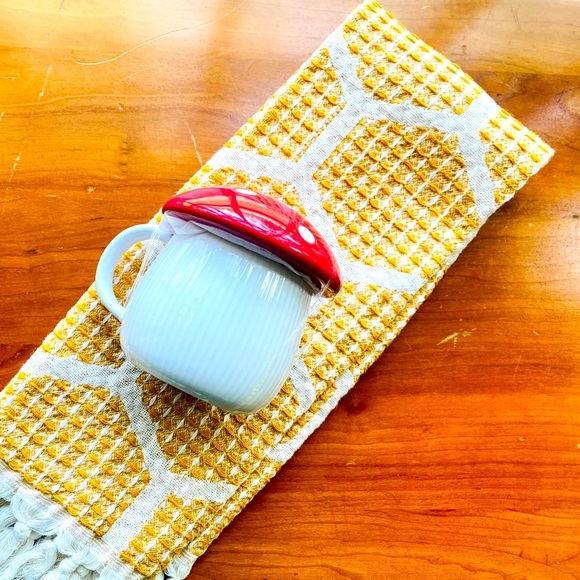 Cheerful SET Mushroom Coffee Mug Organic Cotton Modern Hive Towel Yellow Softie - Picture 1 of 16